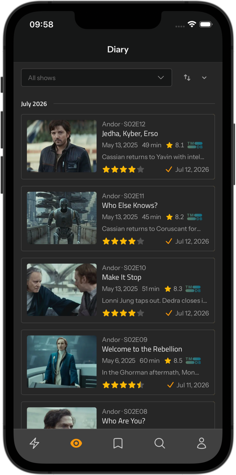 The TVTally diary on a phone — dated, star-rated episode entries